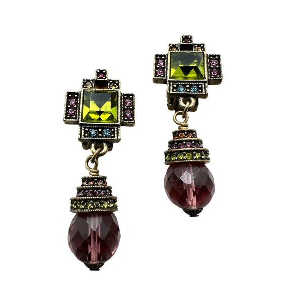 Heidi Daus Purple Green Crystal Bronze Clip Earrings Chandelier 2 Inch - Picture 1 of 3
